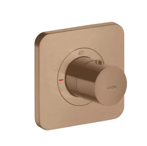 Thermostat mit runder Bedienungseinheit und seitlicher Temperaturanzeige in gebürstetem Rotgold, hergestellt von AXOR. Montage zur Unterputzinstallation.